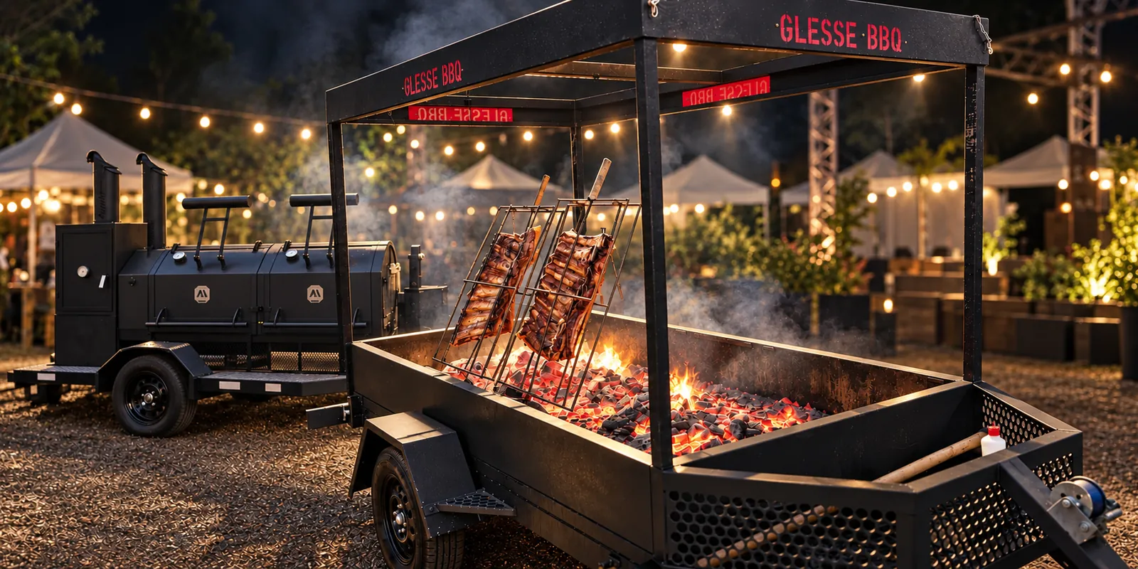 Estação de fogo e pit smoker da Glesse BBQ em um evento noturno
